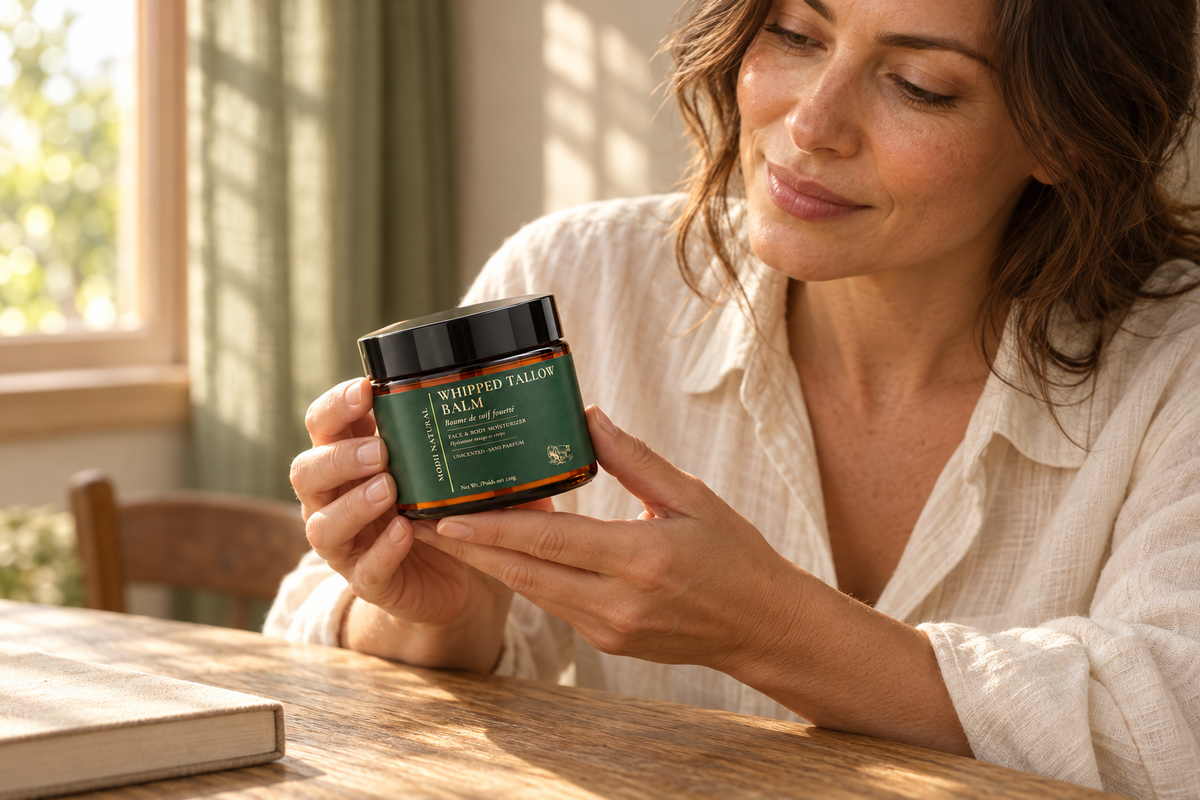 Adult examining MODII Natural Whipped Tallow Balm 120g by a window