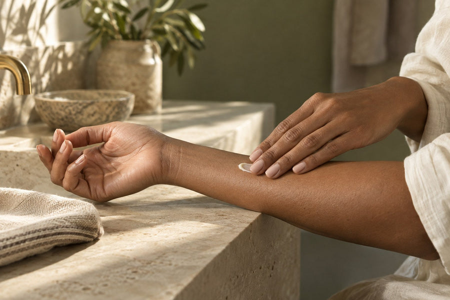 AI-created editorial image of hands applying balm to a forearm beside a sunlit basin