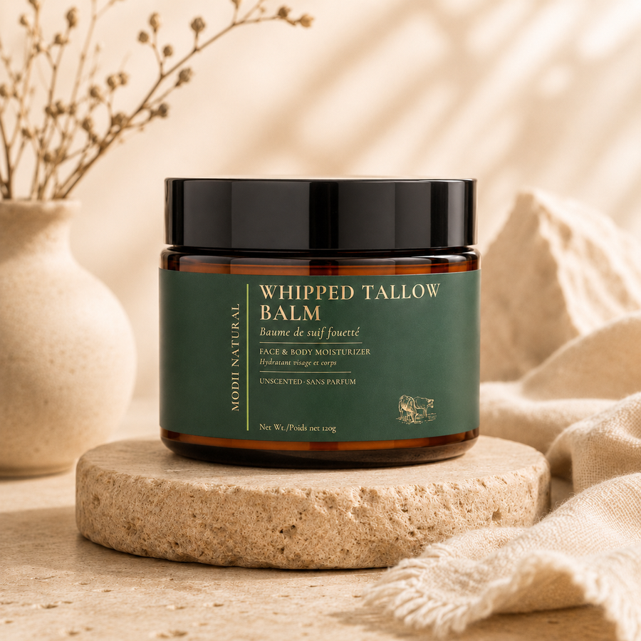 MODII Natural whipped tallow balm in its labelled glass jar