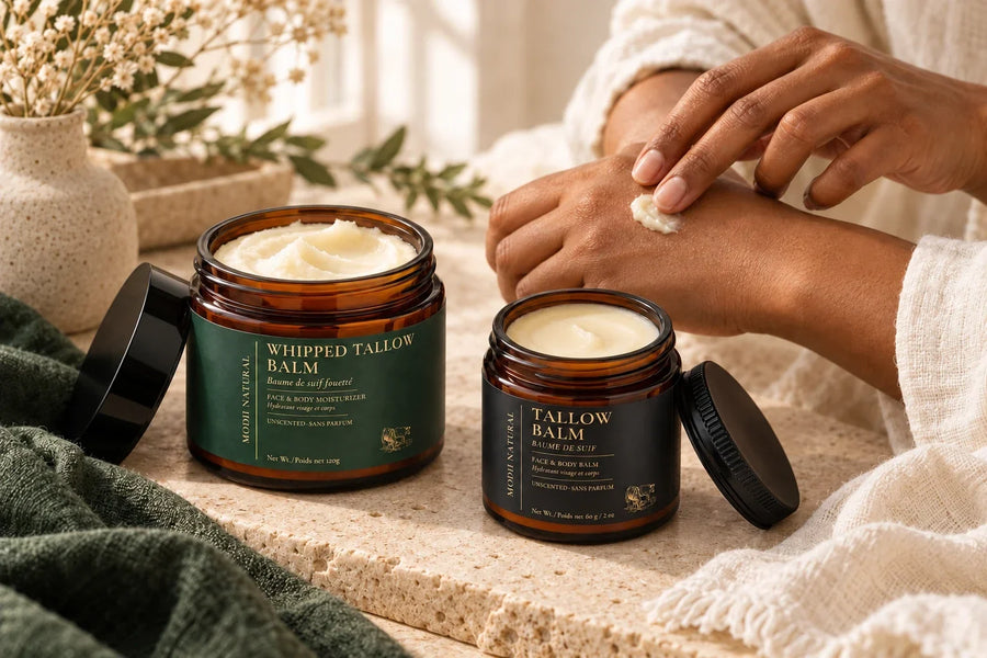AI-created lifestyle illustration of MODII balm jars beside hands applying balm