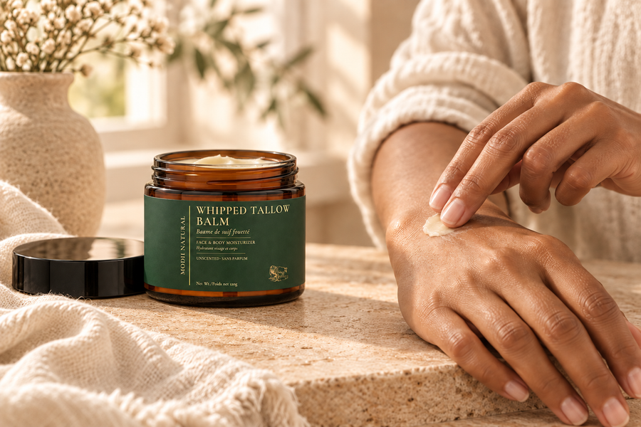 Illustrative scene of MODII Natural Whipped Tallow Balm in an open jar, with its lid beside it and a small amount being applied to a hand