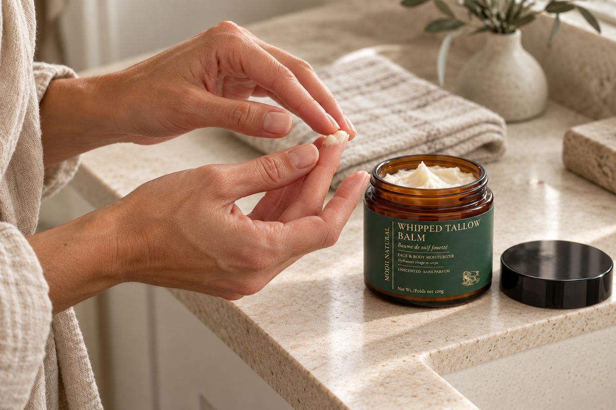 Adult hands warming balm between fingertips beside an open MODII Natural Whipped Tallow Balm jar
