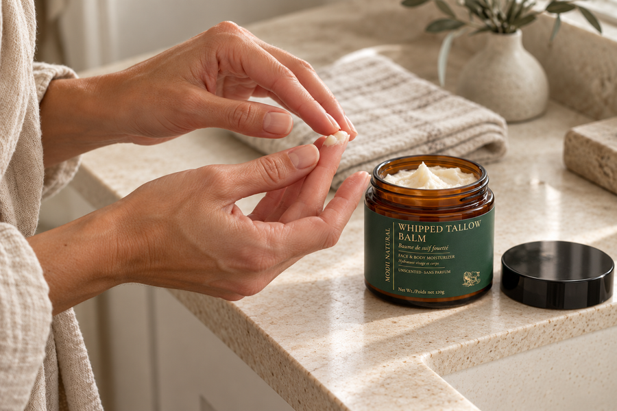 Adult hands warming balm between fingertips beside an open MODII Natural Whipped Tallow Balm jar