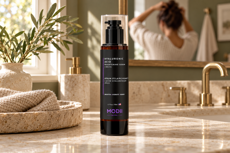 MODII serum bottle on a bathroom vanity in an AI-created lifestyle scene