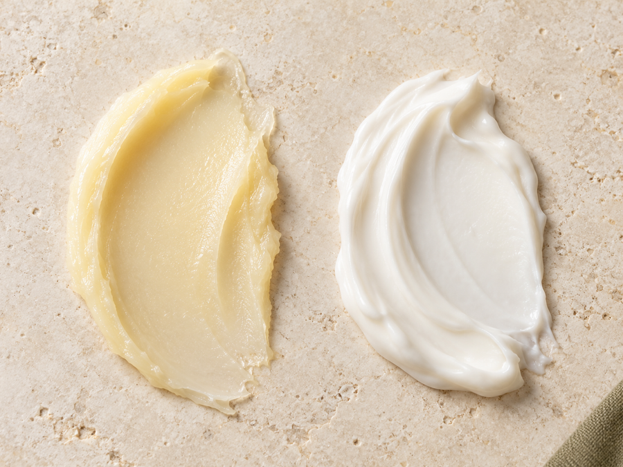AI-created illustration of golden balm and white cream textures side by side on pale stone.
