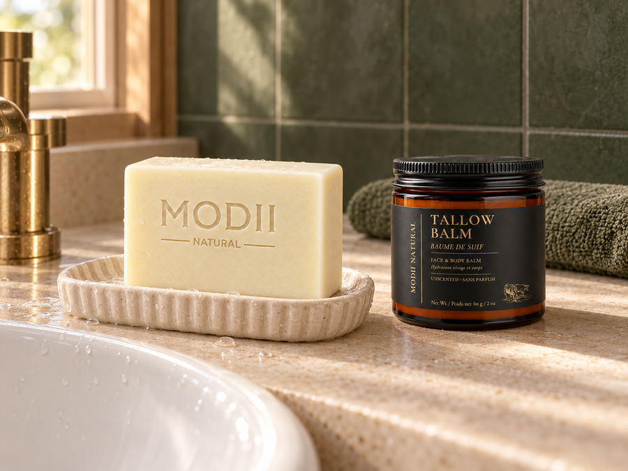 AI-created editorial scene of MODII tallow soap on a dish beside a closed 60g Solid Tallow Balm jar at a bathroom sink.