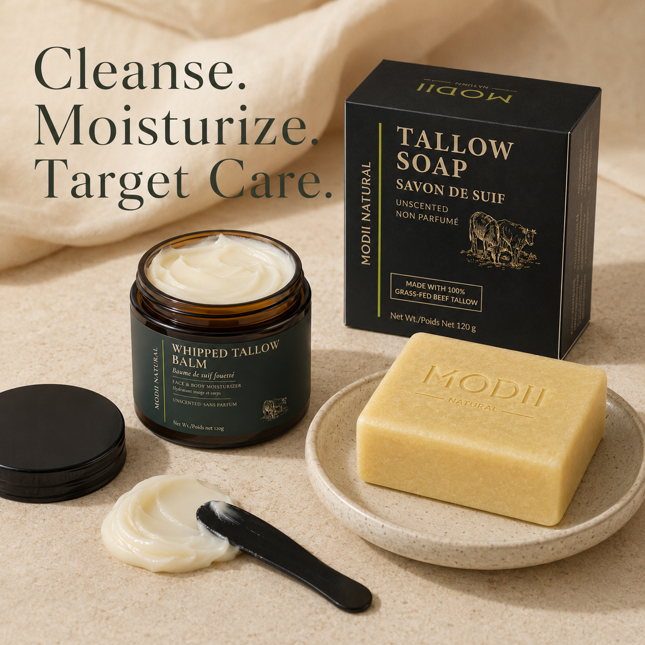 MODII Natural Tallow Skincare Set, Soap, Whipped Tallow Balm & Tallow Balm
