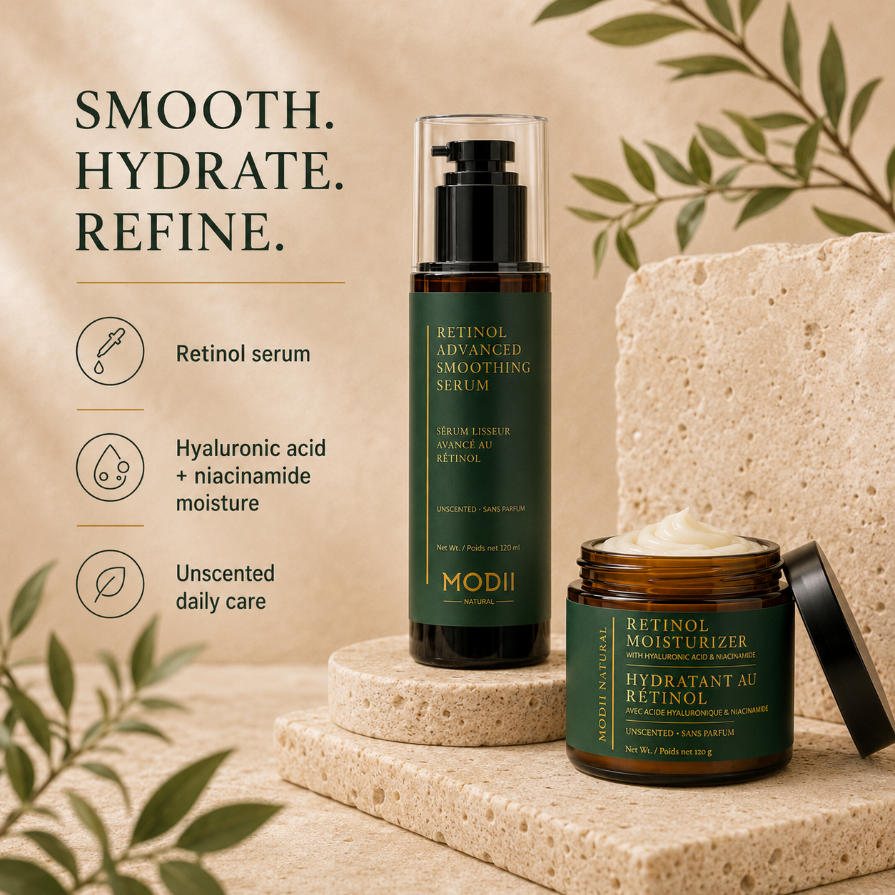 MODII Natural Retinol Renewal Duo – Advanced Smoothing Serum & Retinol Face Moisturizer