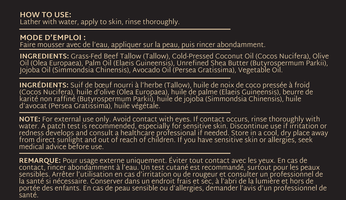 MODII Natural Tallow Soap — current label detail with olive oil ingredients, directions and precautions in English and French