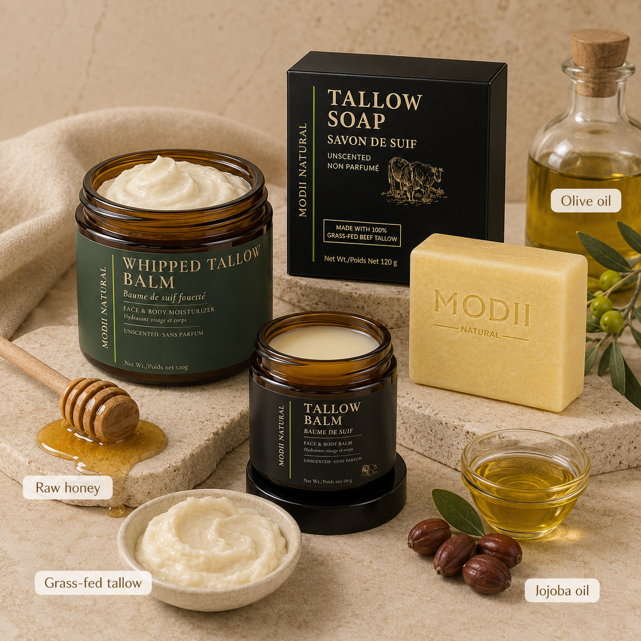 MODII Natural Tallow Skincare Set, Soap, Whipped Tallow Balm & Tallow Balm