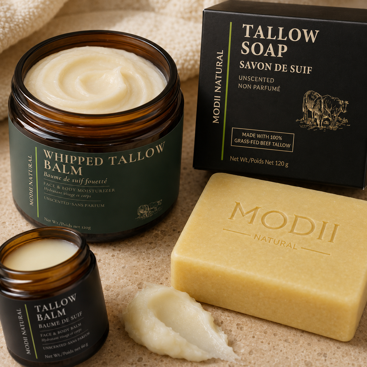MODII Natural Tallow Skincare Set, Soap, Whipped Tallow Balm & Tallow Balm
