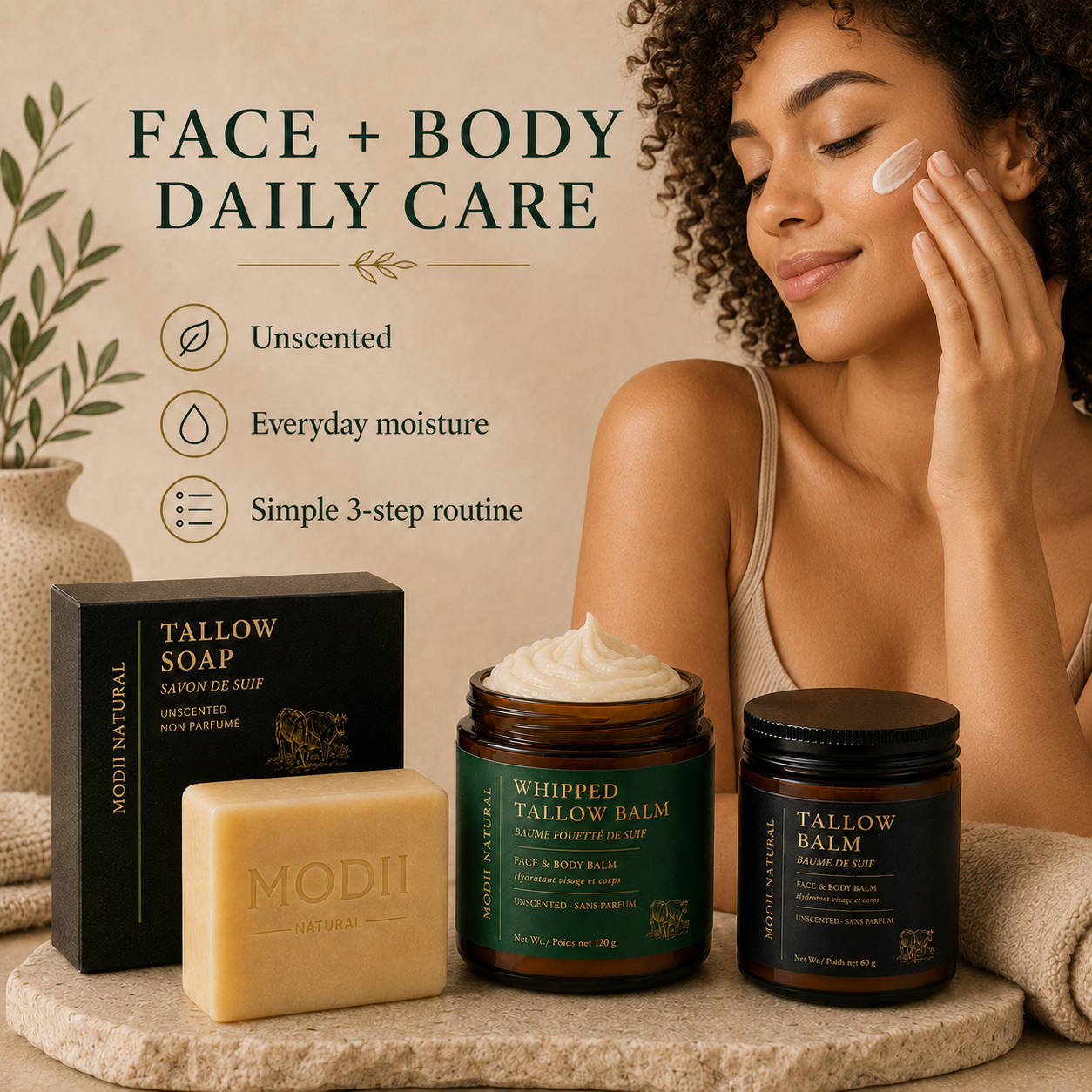 MODII Natural Tallow Skincare Set, Soap, Whipped Tallow Balm & Tallow Balm
