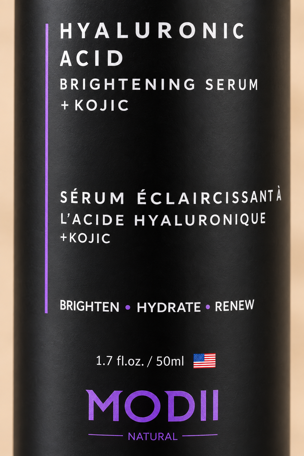 MODII Natural Hyaluronic Acid Brightening Serum + Kojic - 50ml — close view of the front label