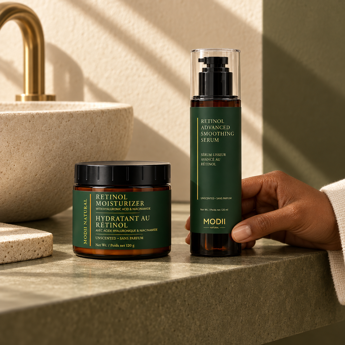 MODII Natural Retinol Renewal Duo – Advanced Smoothing Serum & Retinol Face Moisturizer — product shown in adult hands for scale