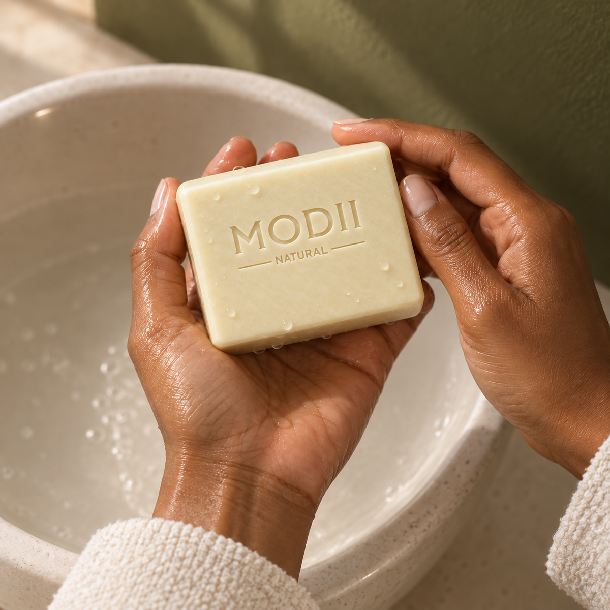 MODII Natural Handmade Tallow Soap - 120g — product shown in adult hands for scale