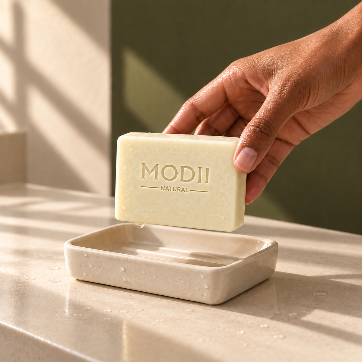 MODII Natural Handmade Tallow Soap - 120g — soap resting on a draining dish between uses; dish not included