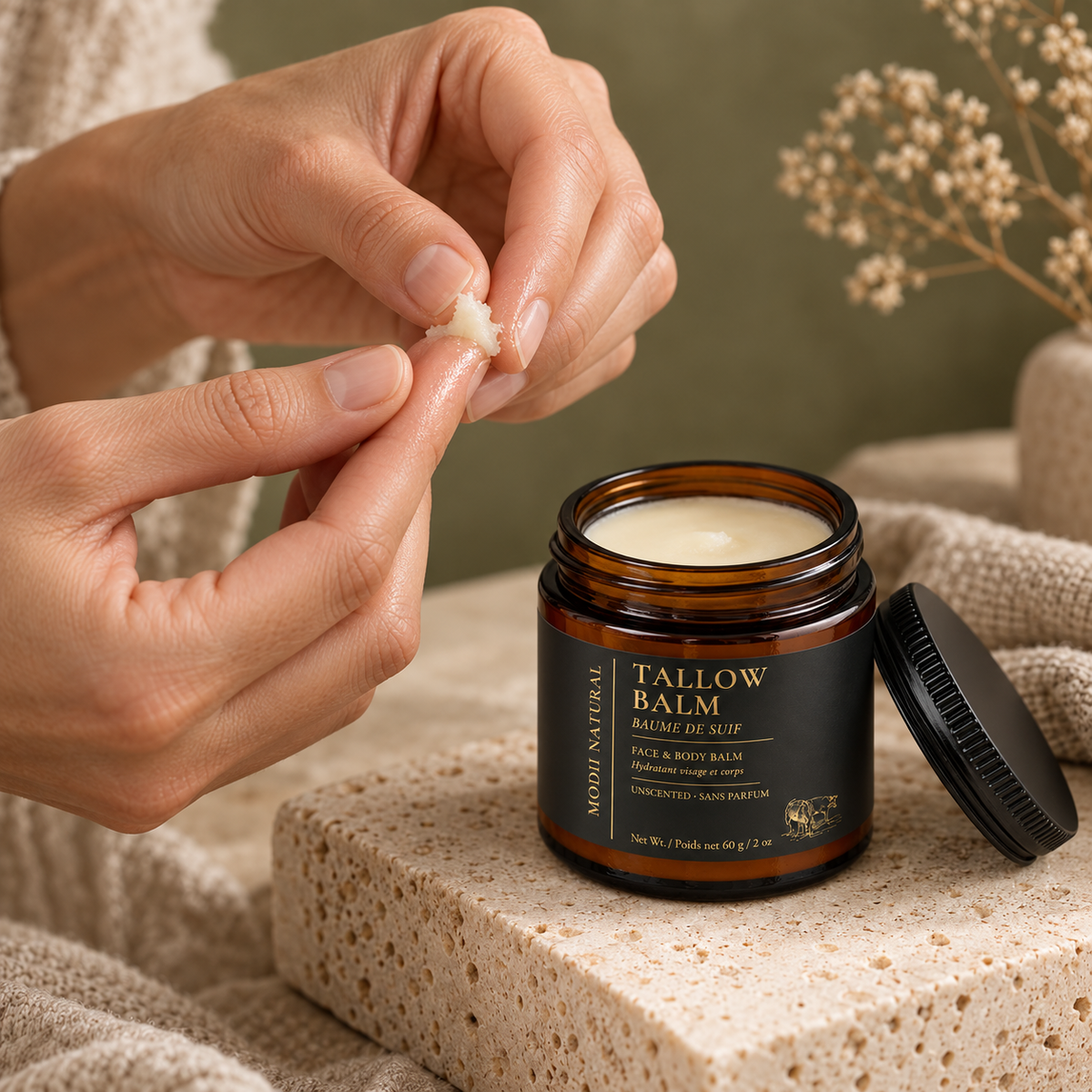 MODII Natural Tallow Balm — a small amount prepared on adult fingertips before application