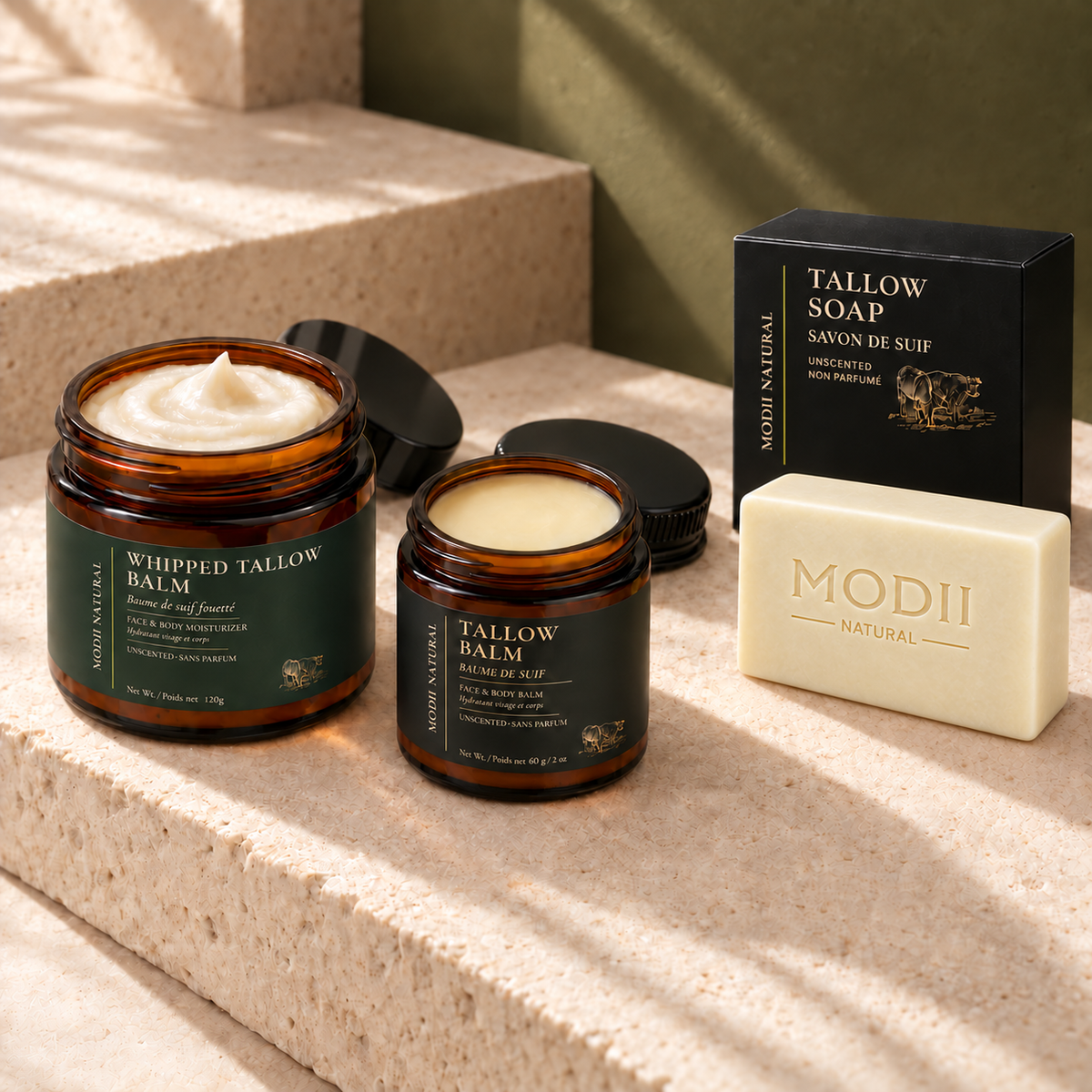 MODII Natural Tallow Skincare Set, Soap, Whipped Tallow Balm & Tallow Balm — product texture detail