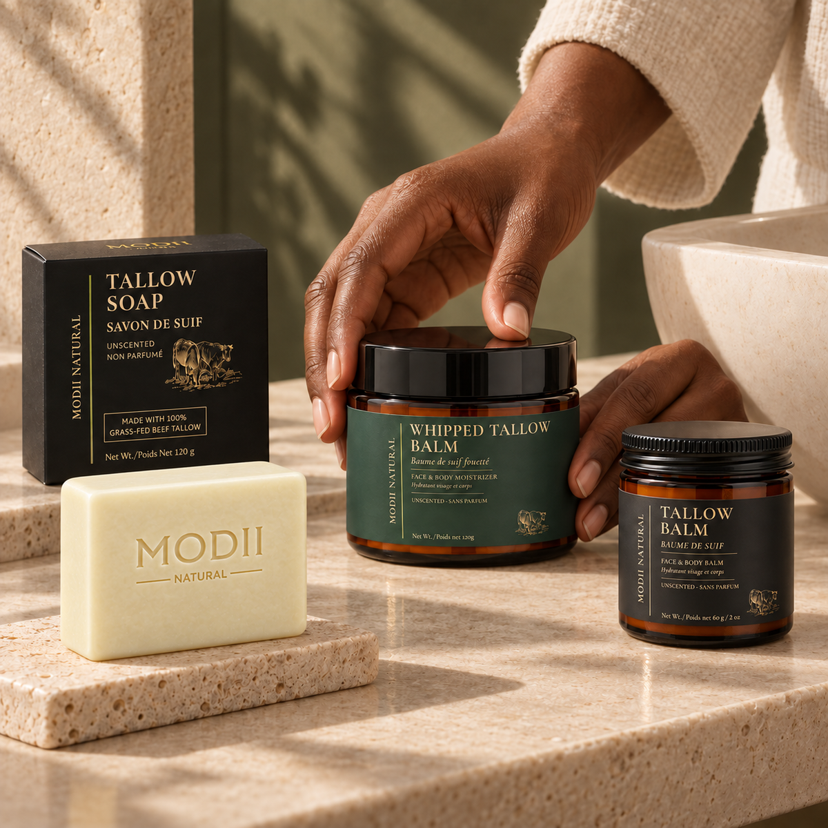 MODII Natural Tallow Skincare Set, Soap, Whipped Tallow Balm & Tallow Balm — product shown in adult hands for scale