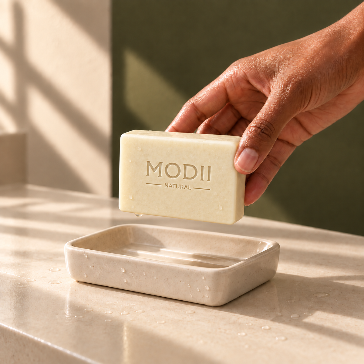 MODII Natural Tallow Skincare Set, Soap, Whipped Tallow Balm & Tallow Balm — soap resting on a draining dish between uses; dish not included
